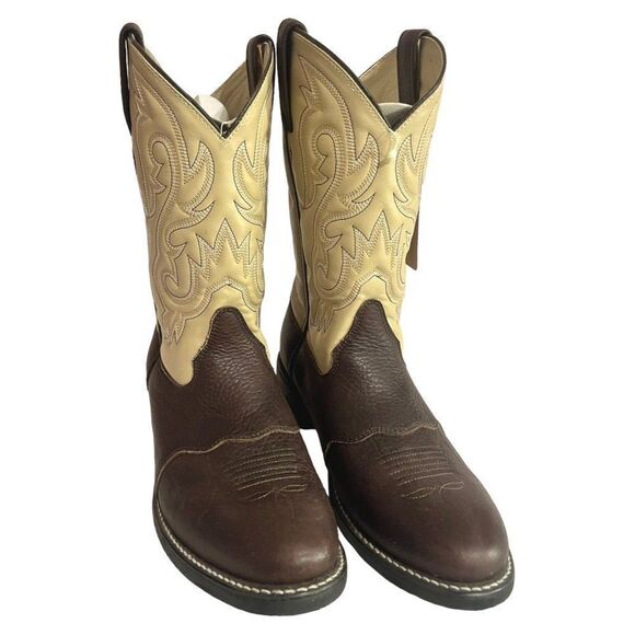 Acme Western Cowboy Boots Brown & Cream Men's‎ Size 9D NWOT - Picture 1 of 5